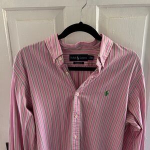 Ralph Lauren Men's Pink and Green Striped Shirt